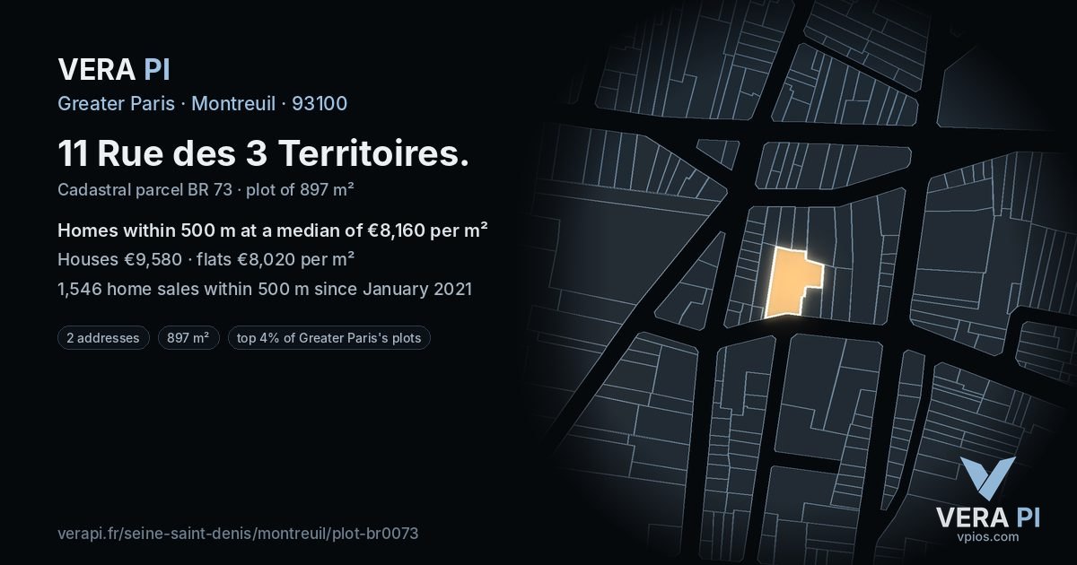 11 Rue des 3 Territoires, Montreuil at night – the plot lit, the parcels around coloured by the prices near them