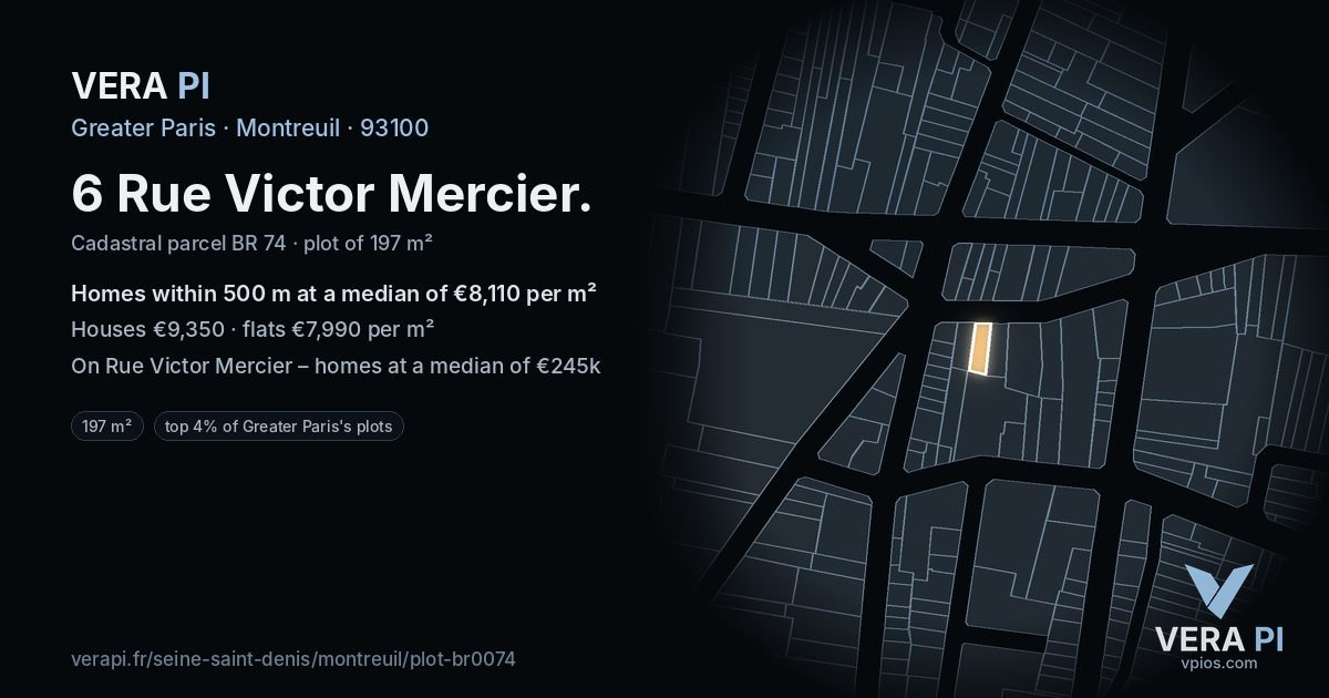 6 Rue Victor Mercier, Montreuil at night – the plot lit, the parcels around coloured by the prices near them