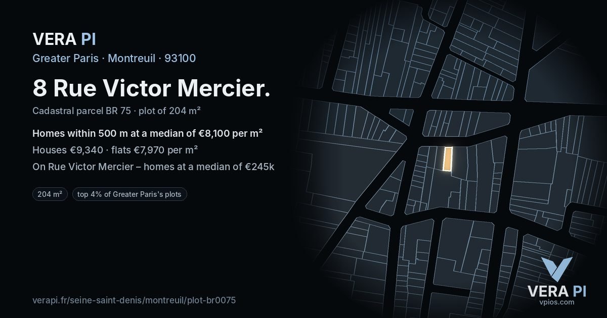 8 Rue Victor Mercier, Montreuil at night – the plot lit, the parcels around coloured by the prices near them