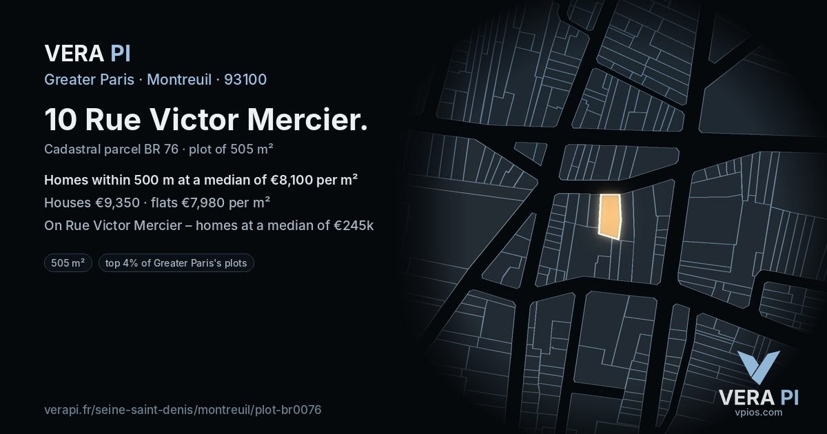 10 Rue Victor Mercier, Montreuil at night – the plot lit, the parcels around coloured by the prices near them