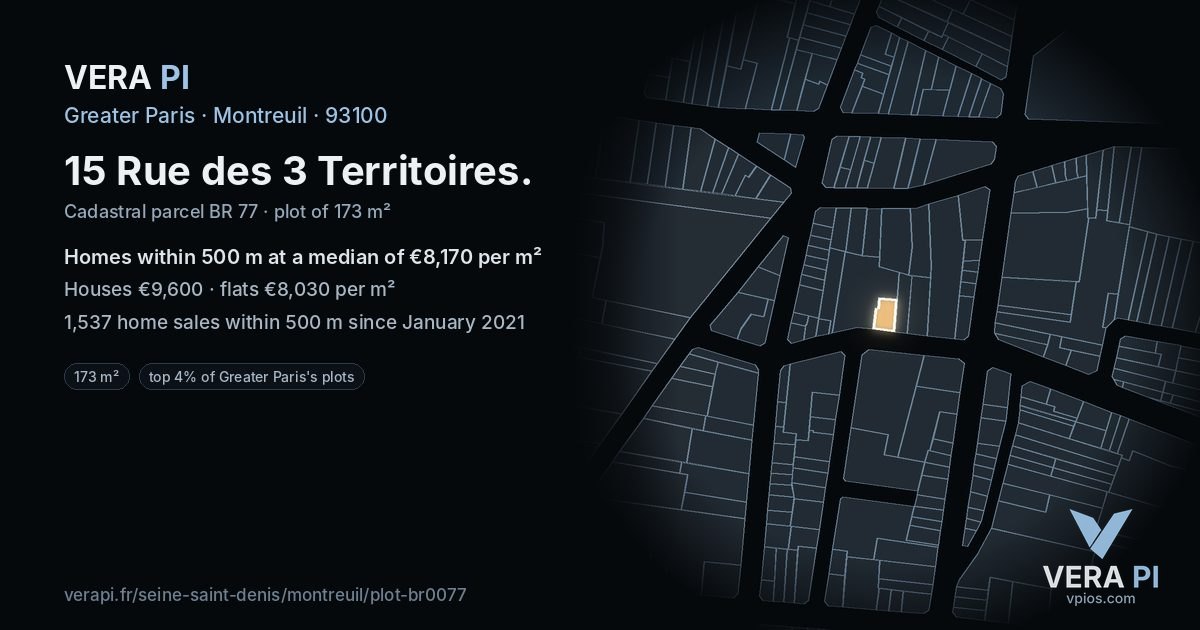 15 Rue des 3 Territoires, Montreuil at night – the plot lit, the parcels around coloured by the prices near them