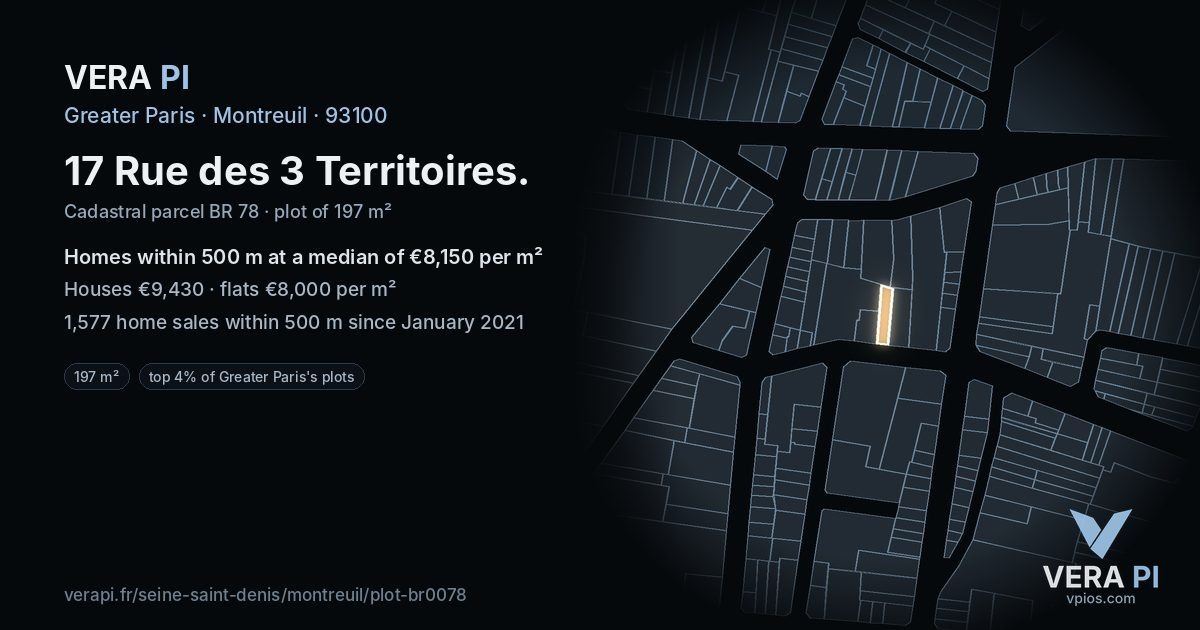 17 Rue des 3 Territoires, Montreuil at night – the plot lit, the parcels around coloured by the prices near them