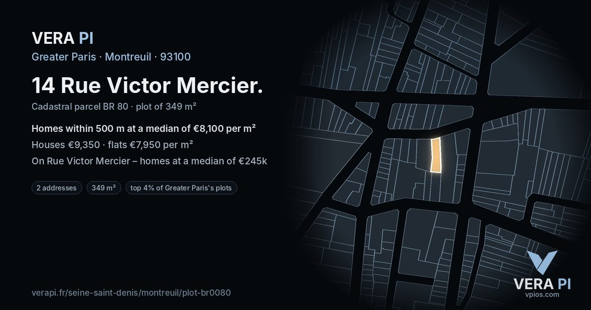 14 Rue Victor Mercier, Montreuil at night – the plot lit, the parcels around coloured by the prices near them