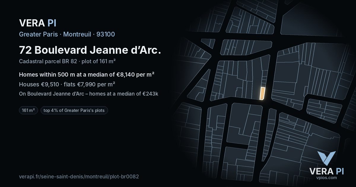 72 Boulevard Jeanne d’Arc, Montreuil at night – the plot lit, the parcels around coloured by the prices near them