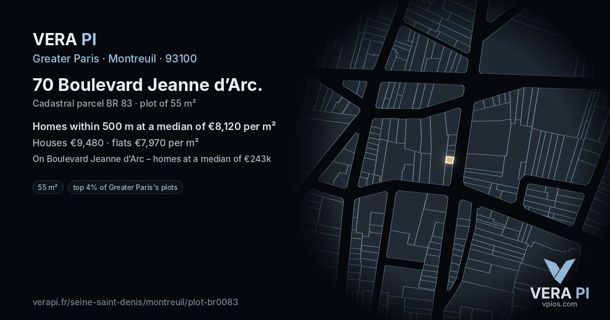 70 Boulevard Jeanne d’Arc, Montreuil at night – the plot lit, the parcels around coloured by the prices near them