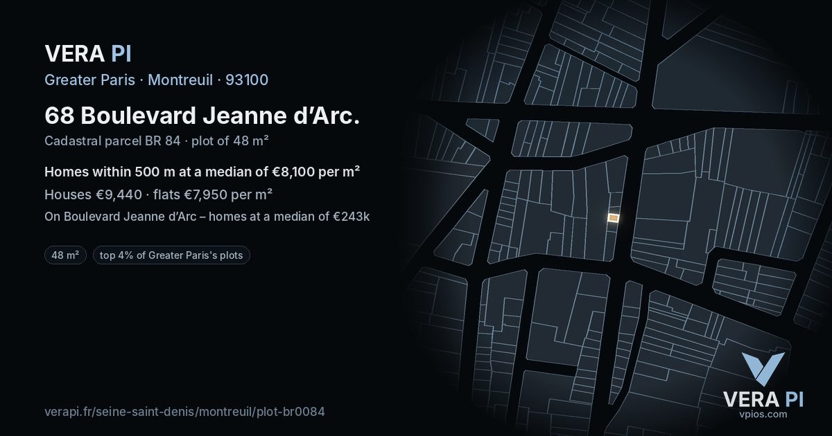 68 Boulevard Jeanne d’Arc, Montreuil at night – the plot lit, the parcels around coloured by the prices near them