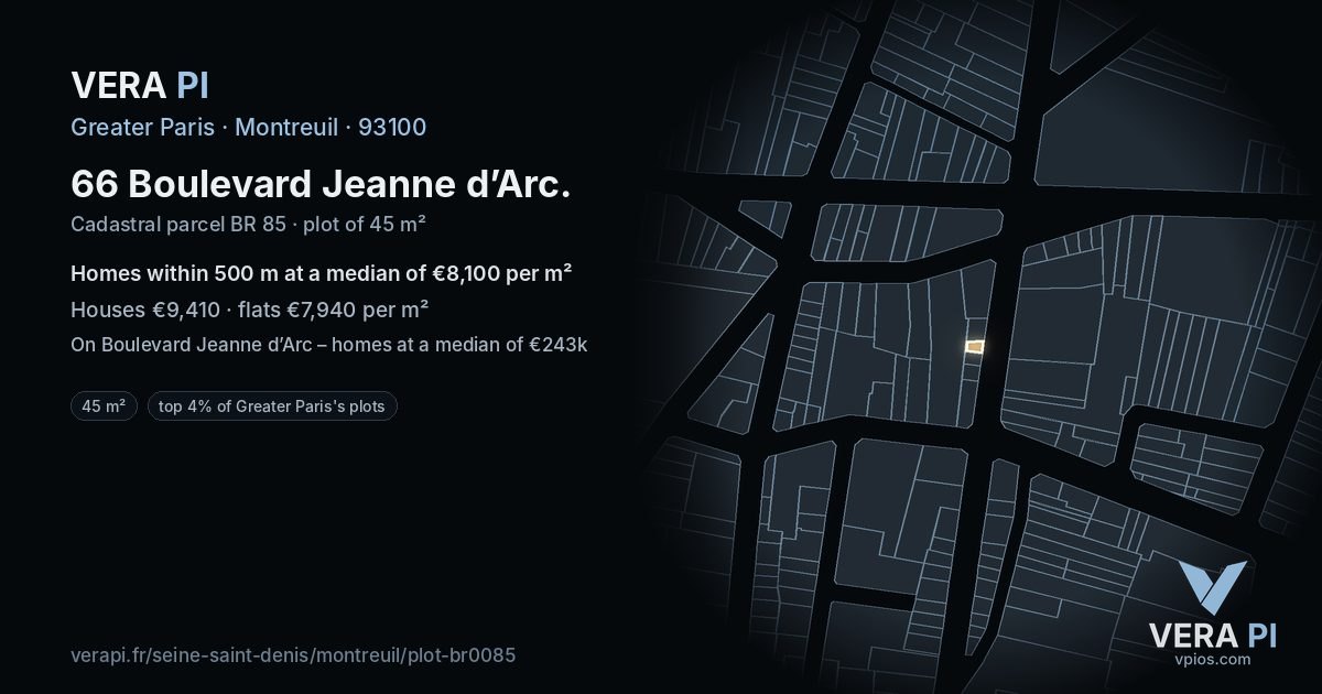 66 Boulevard Jeanne d’Arc, Montreuil at night – the plot lit, the parcels around coloured by the prices near them