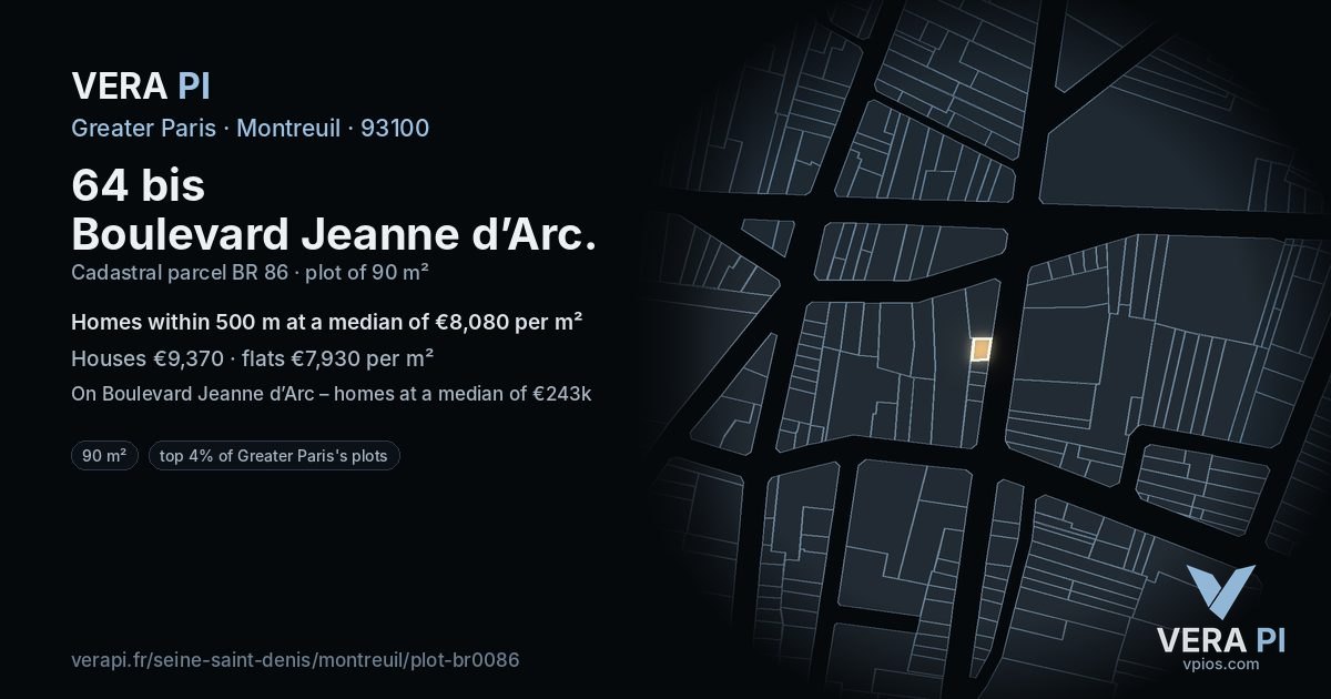 64 bis Boulevard Jeanne d’Arc, Montreuil at night – the plot lit, the parcels around coloured by the prices near them