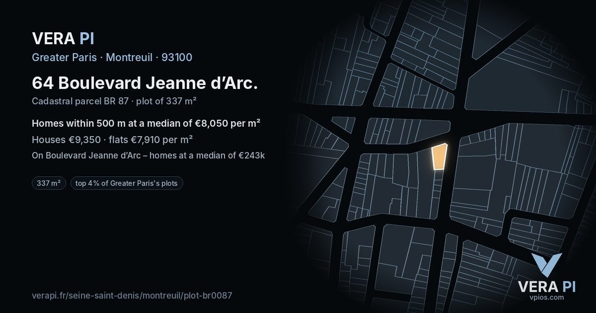 64 Boulevard Jeanne d’Arc, Montreuil at night – the plot lit, the parcels around coloured by the prices near them