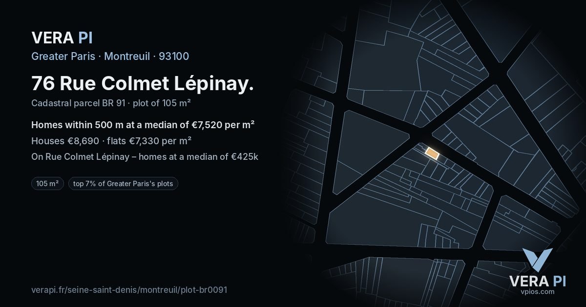 76 Rue Colmet Lépinay, Montreuil at night – the plot lit, the parcels around coloured by the prices near them