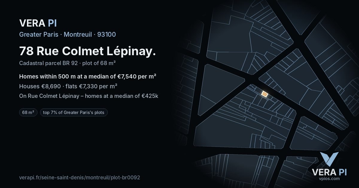 78 Rue Colmet Lépinay, Montreuil at night – the plot lit, the parcels around coloured by the prices near them