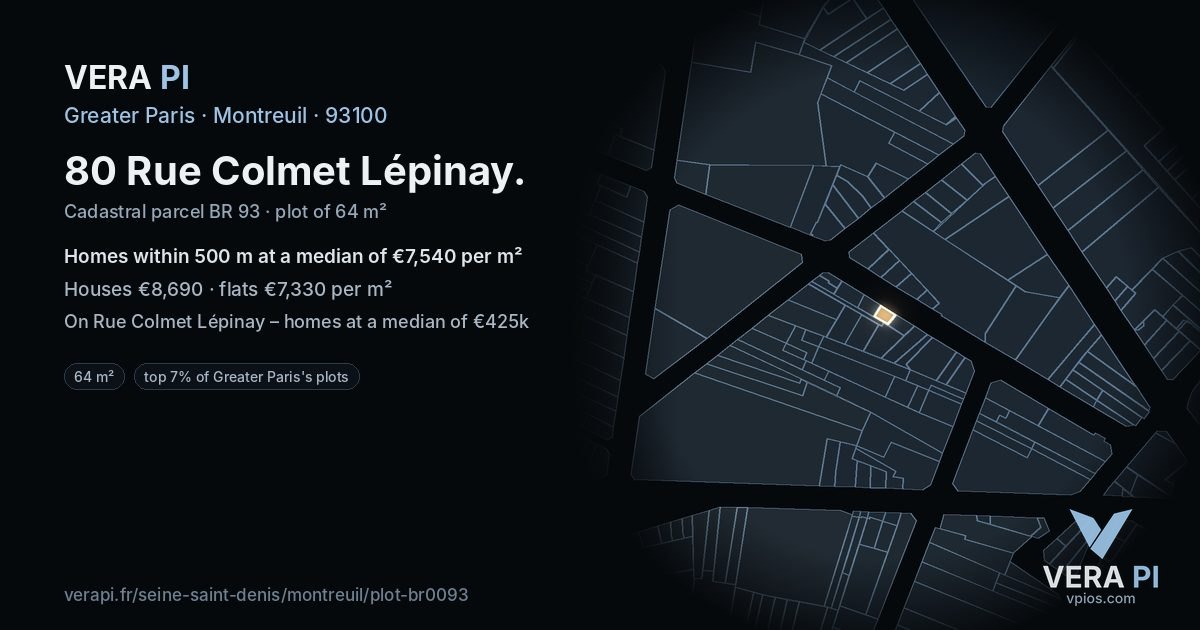 80 Rue Colmet Lépinay, Montreuil at night – the plot lit, the parcels around coloured by the prices near them