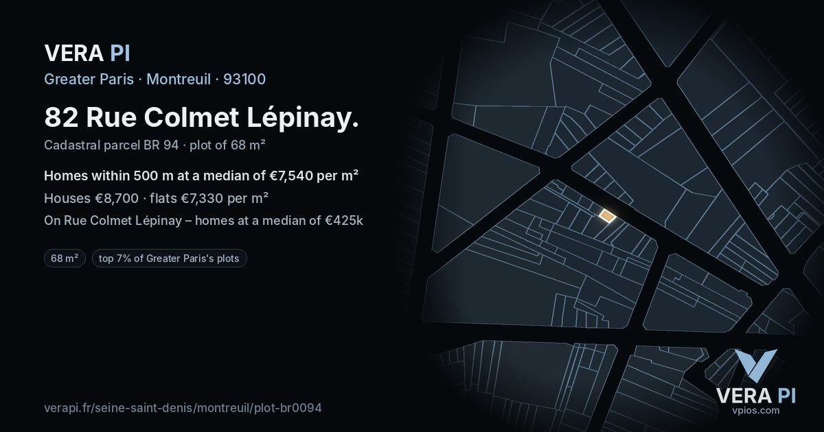 82 Rue Colmet Lépinay, Montreuil at night – the plot lit, the parcels around coloured by the prices near them