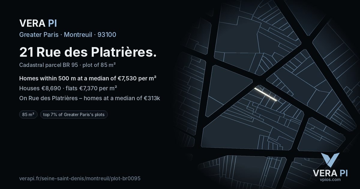 21 Rue des Platrières, Montreuil at night – the plot lit, the parcels around coloured by the prices near them