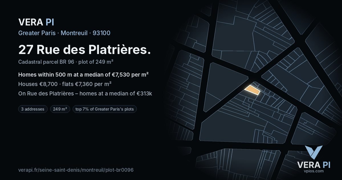 27 Rue des Platrières, Montreuil at night – the plot lit, the parcels around coloured by the prices near them