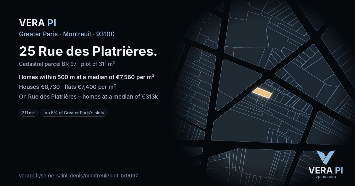 25 Rue des Platrières, Montreuil at night – the plot lit, the parcels around coloured by the prices near them