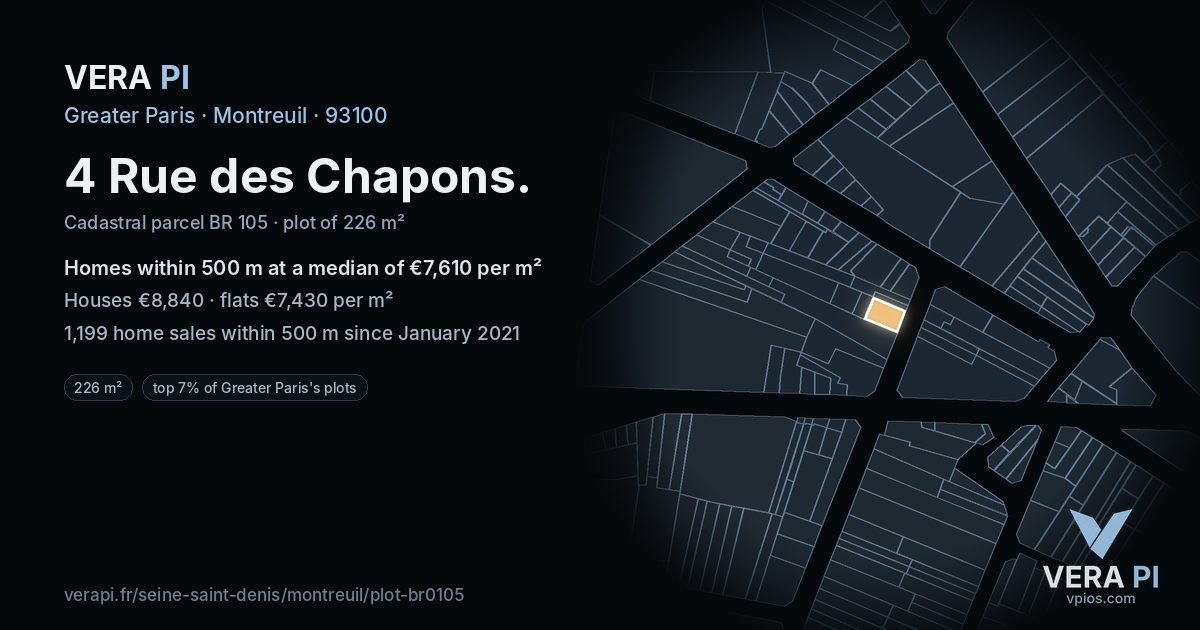 4 Rue des Chapons, Montreuil at night – the plot lit, the parcels around coloured by the prices near them