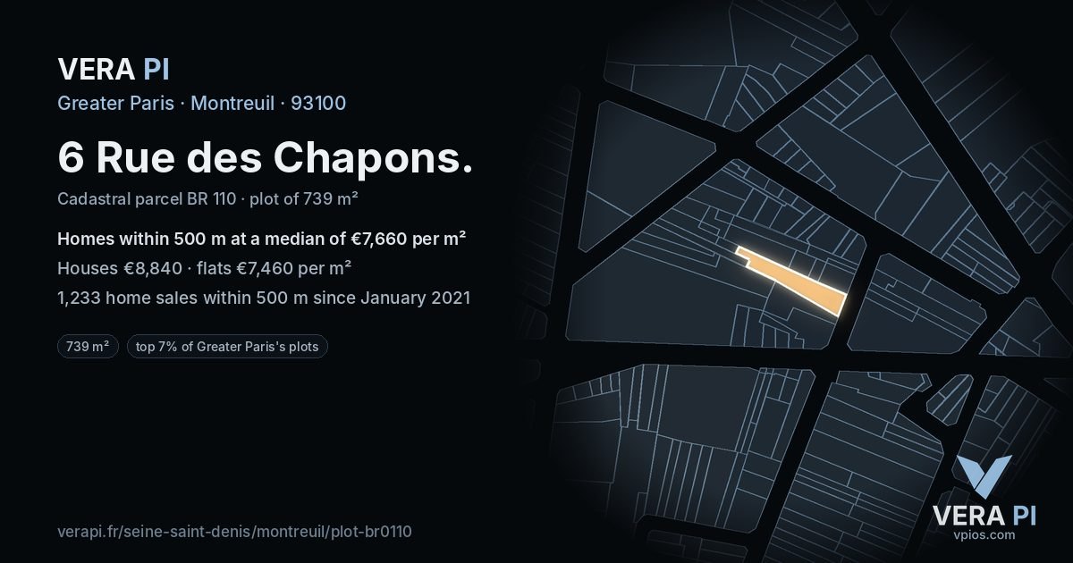 6 Rue des Chapons, Montreuil at night – the plot lit, the parcels around coloured by the prices near them