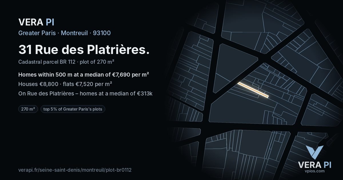 31 Rue des Platrières, Montreuil at night – the plot lit, the parcels around coloured by the prices near them