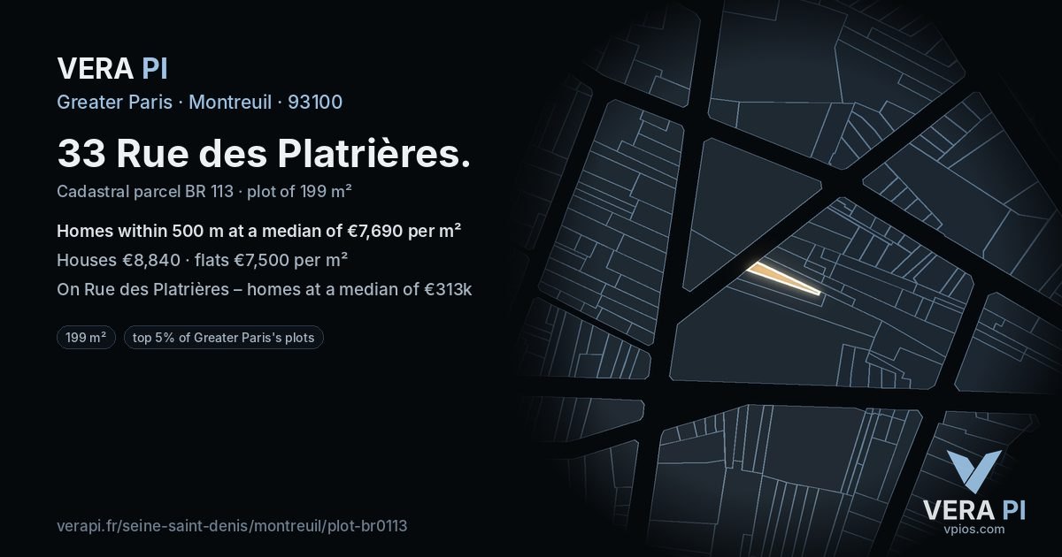 33 Rue des Platrières, Montreuil at night – the plot lit, the parcels around coloured by the prices near them