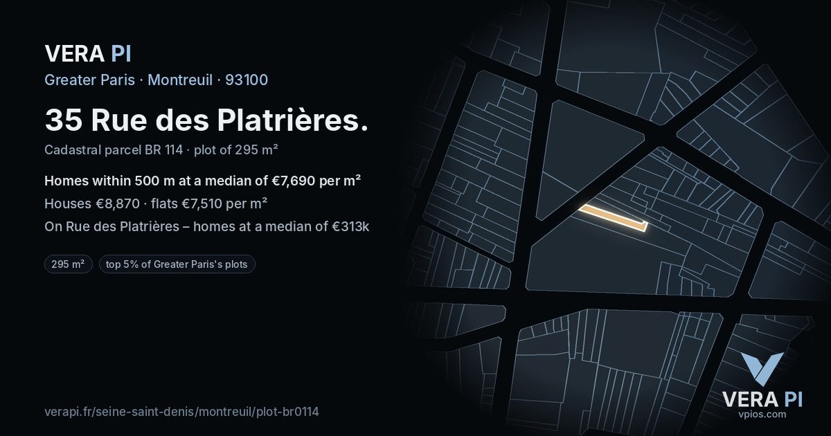 35 Rue des Platrières, Montreuil at night – the plot lit, the parcels around coloured by the prices near them