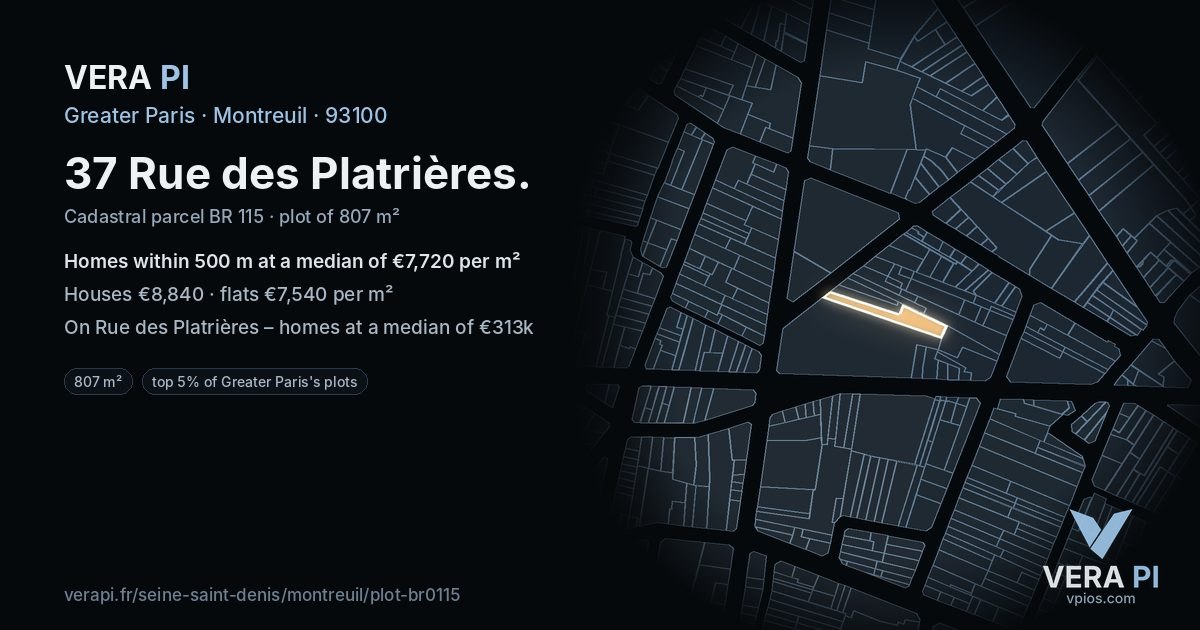 37 Rue des Platrières, Montreuil at night – the plot lit, the parcels around coloured by the prices near them