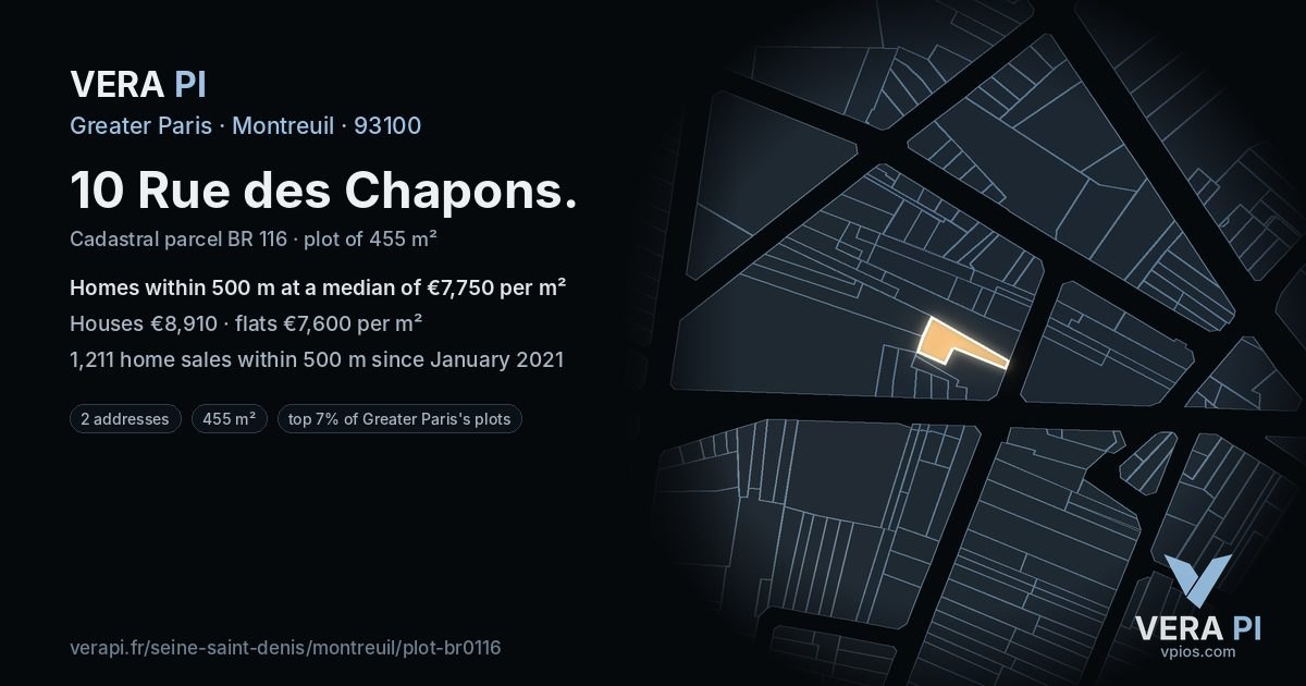 10 Rue des Chapons, Montreuil at night – the plot lit, the parcels around coloured by the prices near them