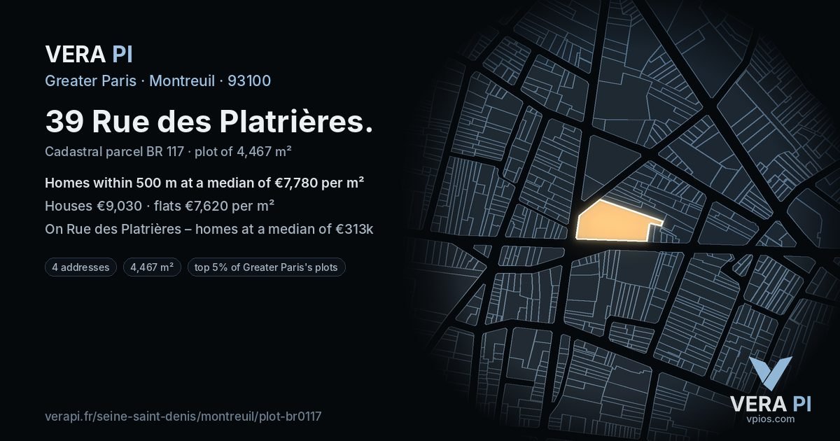39 Rue des Platrières, Montreuil at night – the plot lit, the parcels around coloured by the prices near them