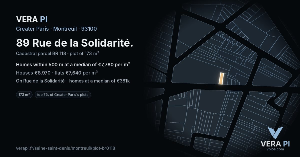 89 Rue de la Solidarité, Montreuil at night – the plot lit, the parcels around coloured by the prices near them