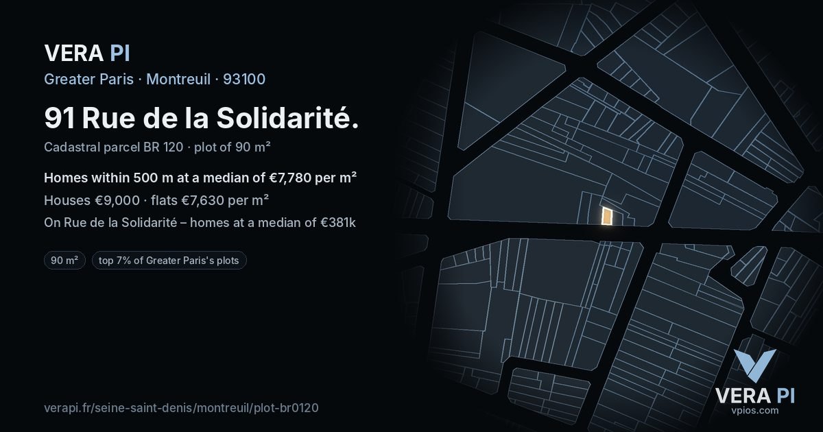 91 Rue de la Solidarité, Montreuil at night – the plot lit, the parcels around coloured by the prices near them
