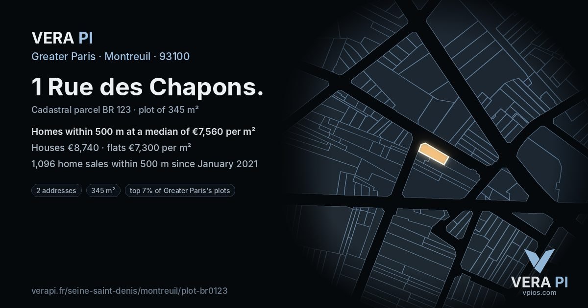 1 Rue des Chapons, Montreuil at night – the plot lit, the parcels around coloured by the prices near them