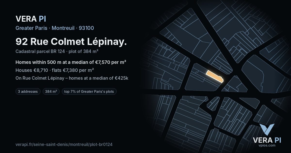 92 Rue Colmet Lépinay, Montreuil at night – the plot lit, the parcels around coloured by the prices near them
