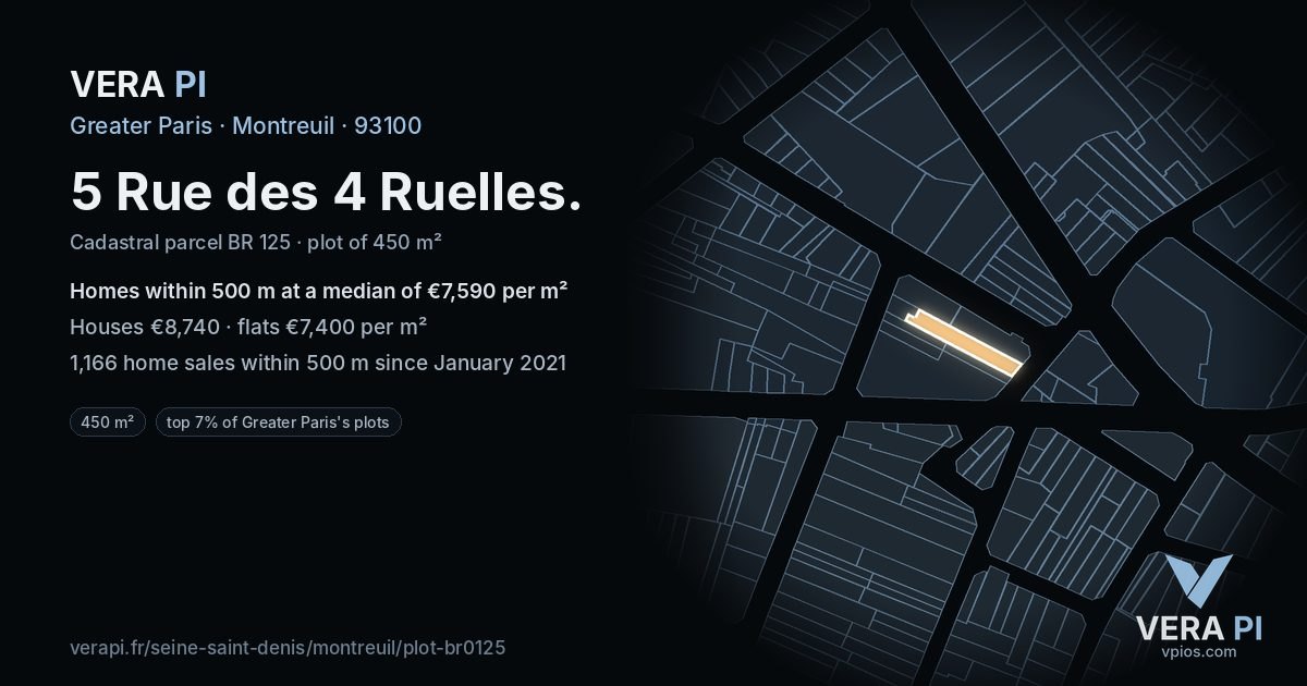 5 Rue des 4 Ruelles, Montreuil at night – the plot lit, the parcels around coloured by the prices near them