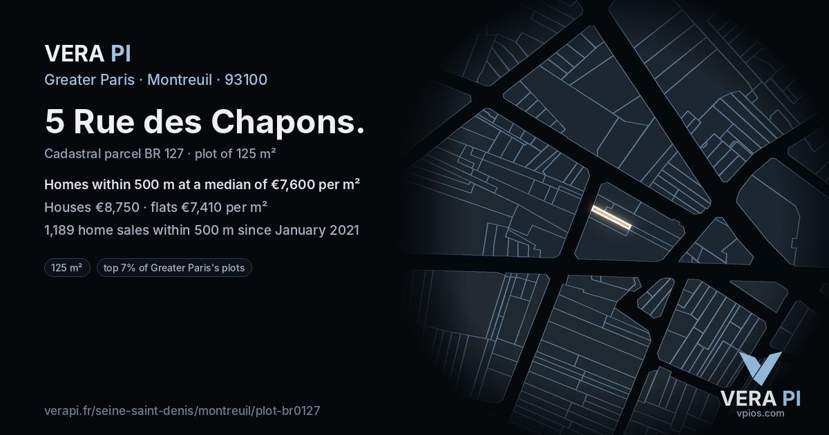 5 Rue des Chapons, Montreuil at night – the plot lit, the parcels around coloured by the prices near them