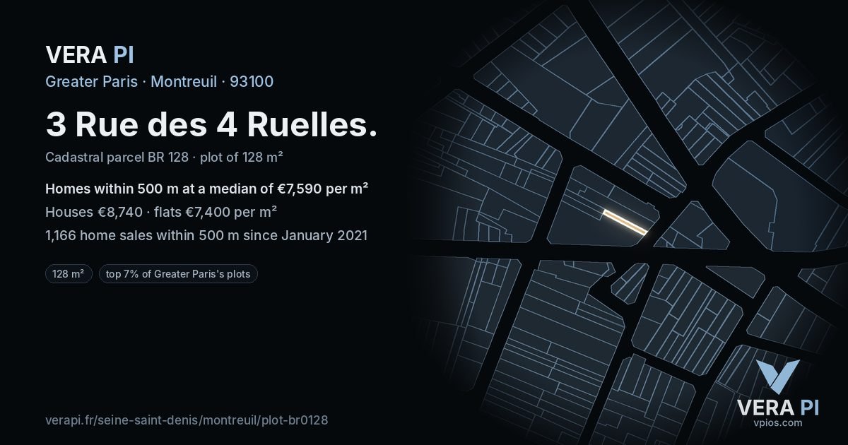 3 Rue des 4 Ruelles, Montreuil at night – the plot lit, the parcels around coloured by the prices near them