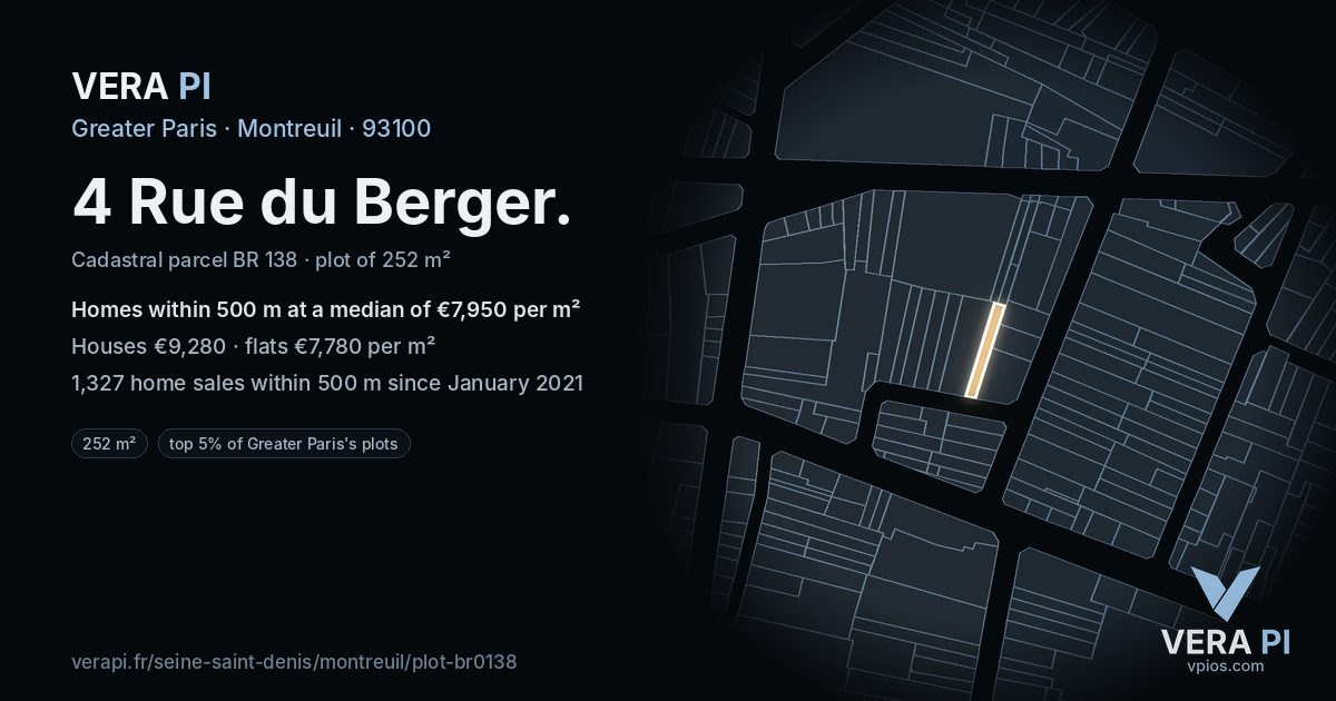 4 Rue du Berger, Montreuil at night – the plot lit, the parcels around coloured by the prices near them