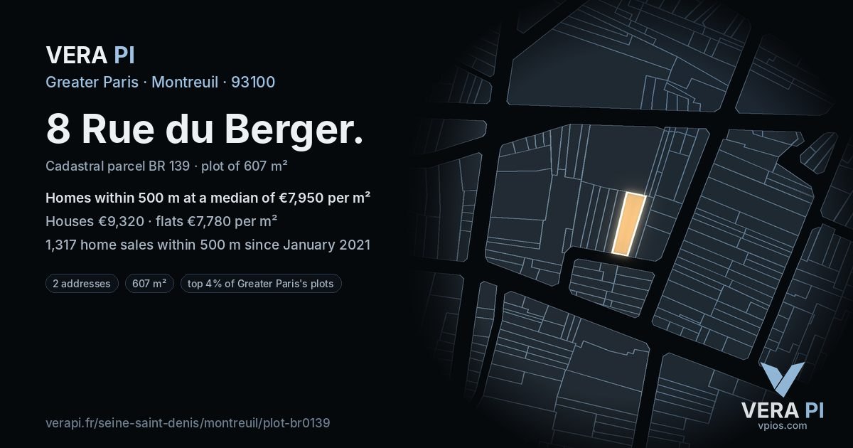 8 Rue du Berger, Montreuil at night – the plot lit, the parcels around coloured by the prices near them