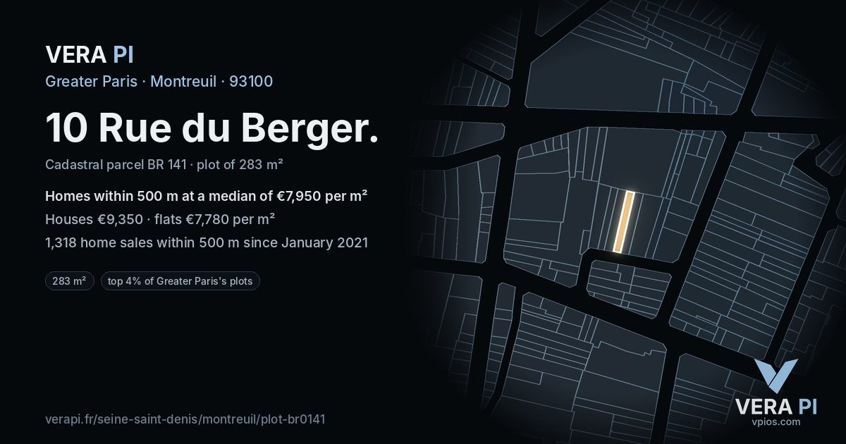 10 Rue du Berger, Montreuil at night – the plot lit, the parcels around coloured by the prices near them