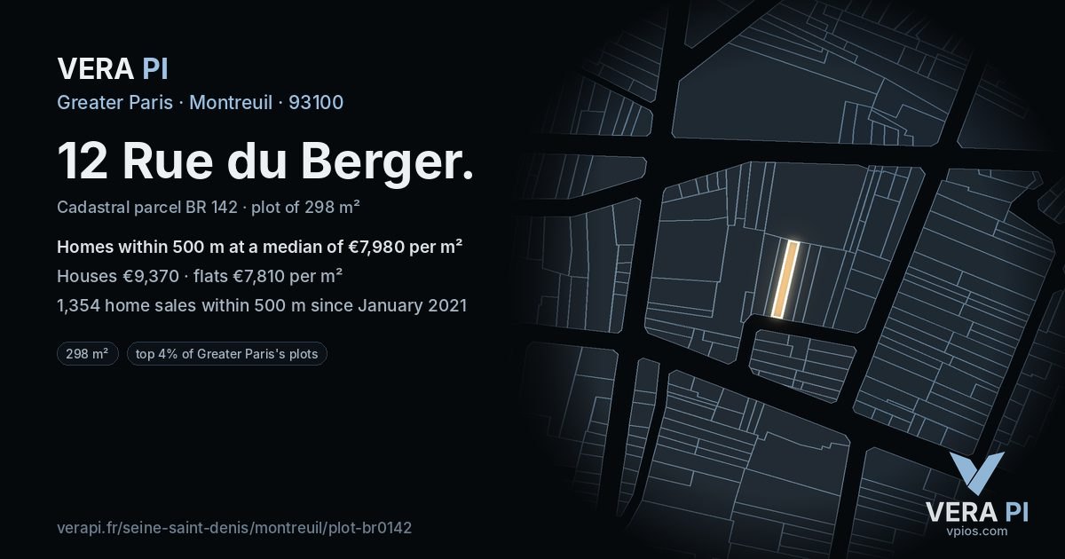 12 Rue du Berger, Montreuil at night – the plot lit, the parcels around coloured by the prices near them