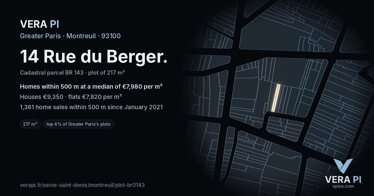 14 Rue du Berger, Montreuil at night – the plot lit, the parcels around coloured by the prices near them