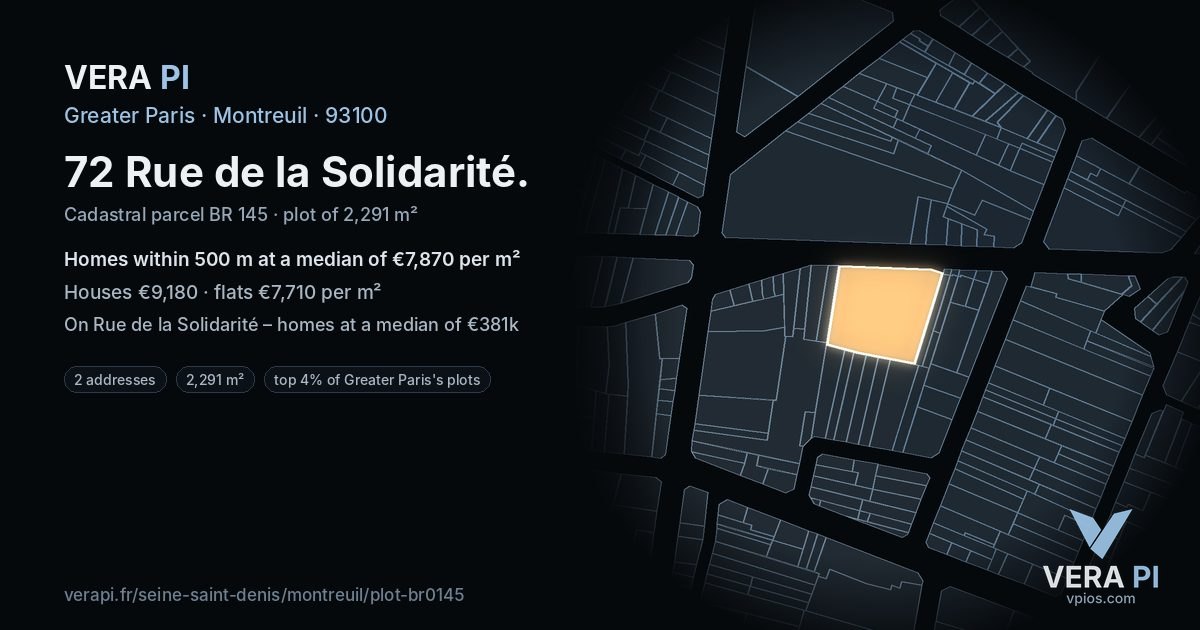 72 Rue de la Solidarité, Montreuil at night – the plot lit, the parcels around coloured by the prices near them