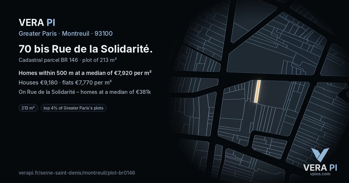 70 bis Rue de la Solidarité, Montreuil at night – the plot lit, the parcels around coloured by the prices near them