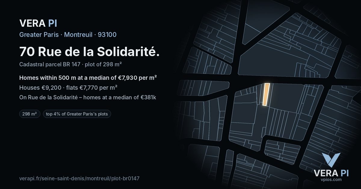 70 Rue de la Solidarité, Montreuil at night – the plot lit, the parcels around coloured by the prices near them