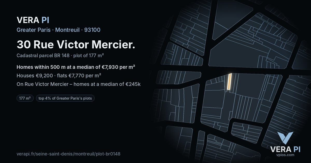 30 Rue Victor Mercier, Montreuil at night – the plot lit, the parcels around coloured by the prices near them