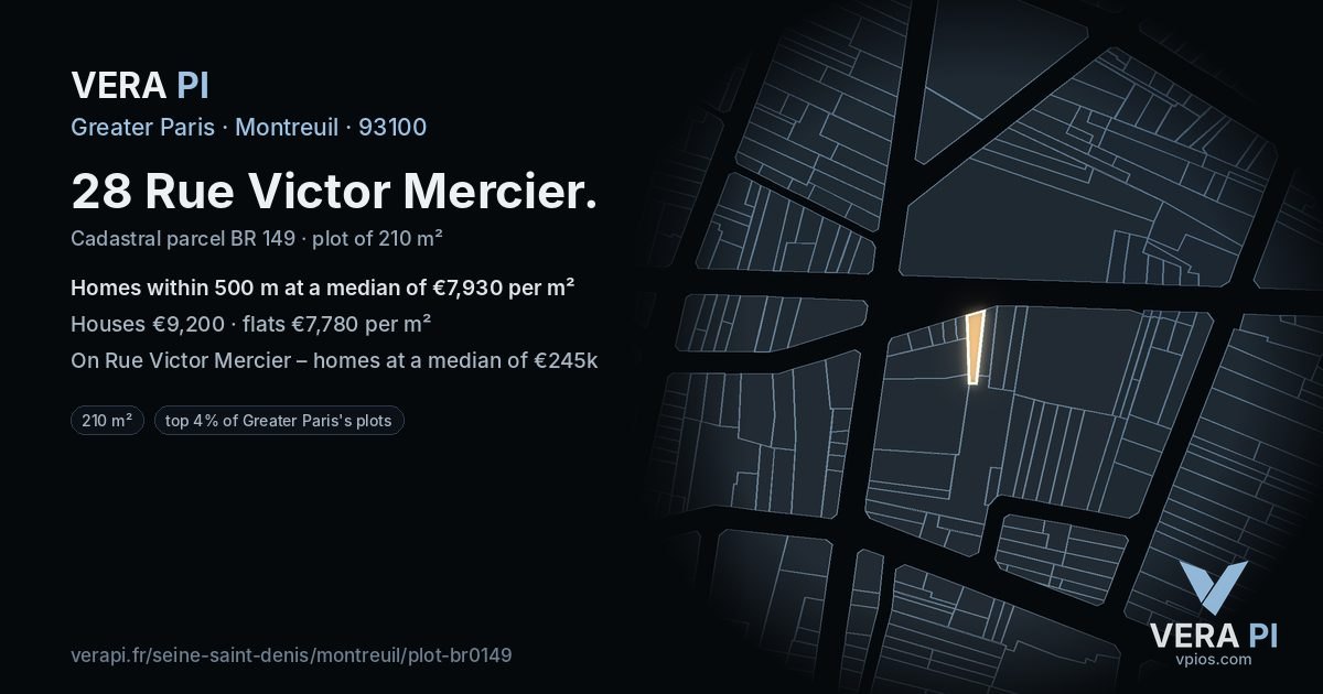 28 Rue Victor Mercier, Montreuil at night – the plot lit, the parcels around coloured by the prices near them