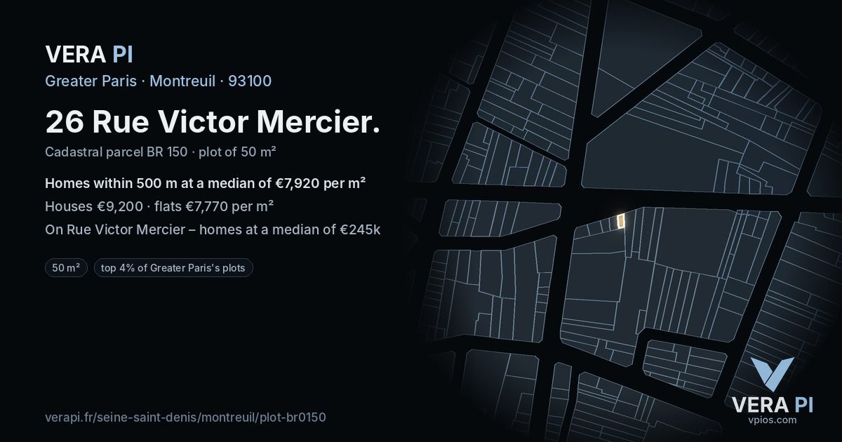 26 Rue Victor Mercier, Montreuil at night – the plot lit, the parcels around coloured by the prices near them