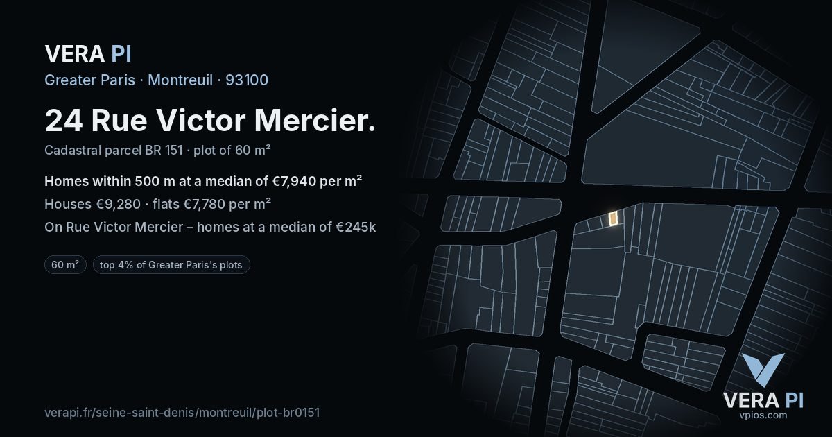 24 Rue Victor Mercier, Montreuil at night – the plot lit, the parcels around coloured by the prices near them