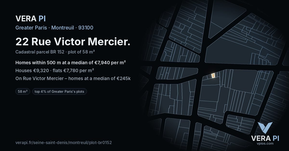 22 Rue Victor Mercier, Montreuil at night – the plot lit, the parcels around coloured by the prices near them