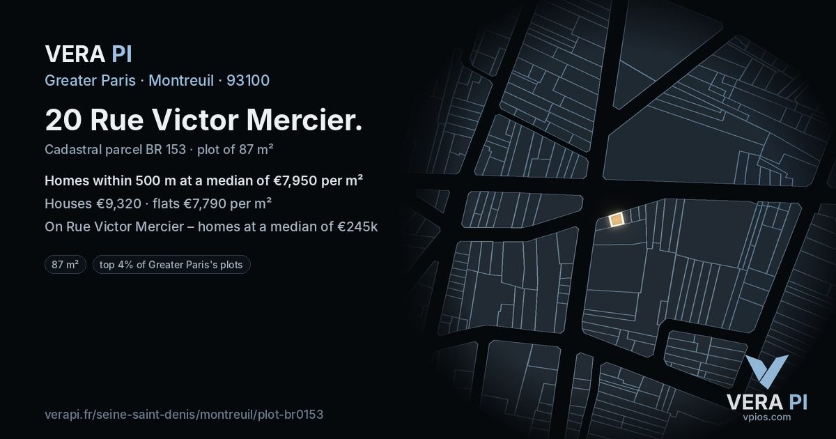 20 Rue Victor Mercier, Montreuil at night – the plot lit, the parcels around coloured by the prices near them