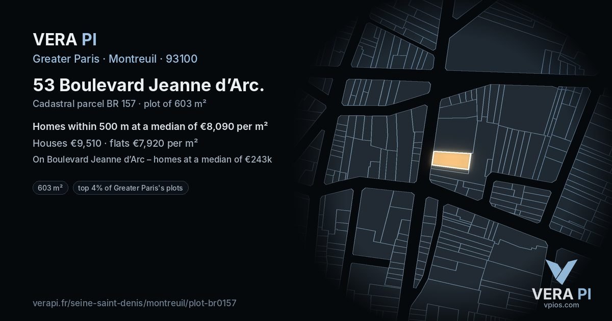 53 Boulevard Jeanne d’Arc, Montreuil at night – the plot lit, the parcels around coloured by the prices near them